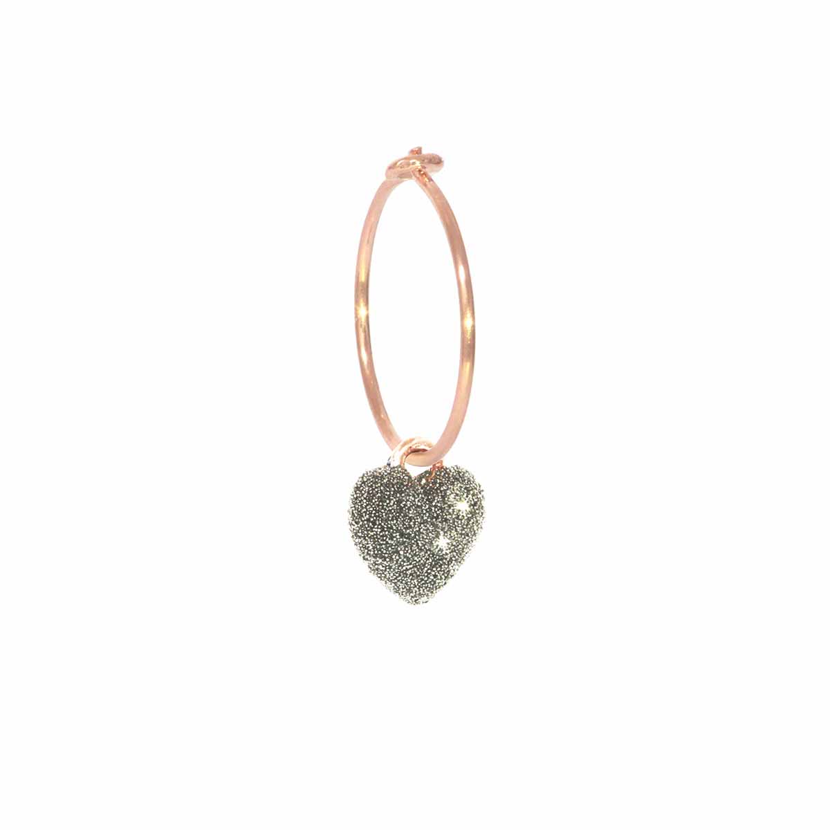 Orecchino a cerchio  cuore bombato con polvere di diamanti in oro rosa - immagine 1
